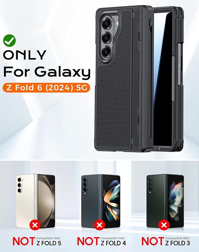 for Galaxy Z Fold 6 Case, S Pen Holder & Privacy Screen Protector & Kickstand & Hinge Protection, Slim Rugged Military-Grade Shockproof Protective Phone Case for Samsung Fold 6 Case (Black)