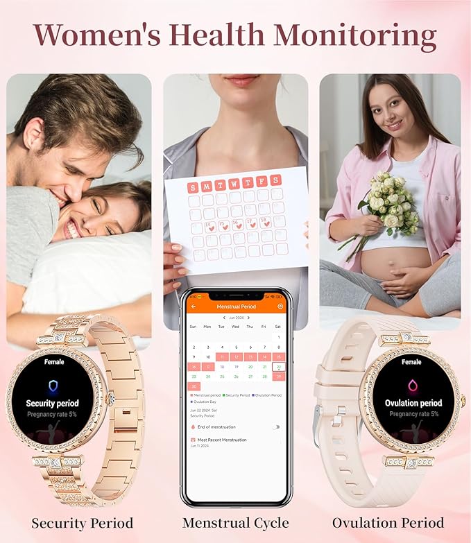 Diamond Smart Watch for Women(Buletooth Call), 1.19" AMOLED HD Display, 100+ Sports Mode Fitness Tracker Watch, 5ATM Waterproof/Pedometer/Sleep Smartwatch Women, iOS Android Smart Watches