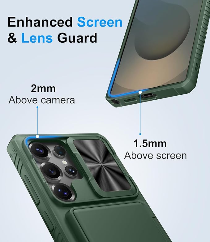 Multifuncional Case for Samsung Galaxy S25 Ultra, Card Holder (4-5 Cards), RFID Block, Slide Lens Cover & Military Grade Protection, Heavy Duty Men Women Wallet Case for Samsung S25 Ultra, Green