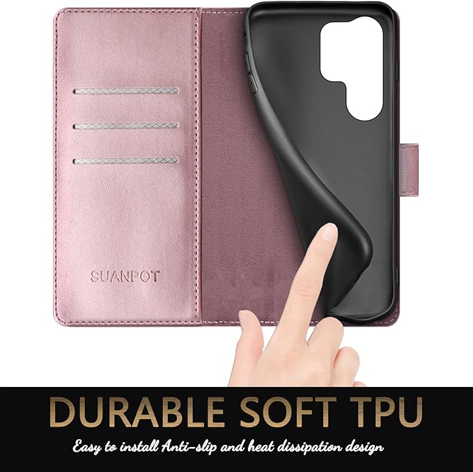 SUANPOT Compatible with Samsung Galaxy S25 Ultra Wallet case with RFID Blocking Credit Card Holder,Flip Book PU Leather Protective Cover Women Men for Samsung S25 Ultra Phone case Rose Gold