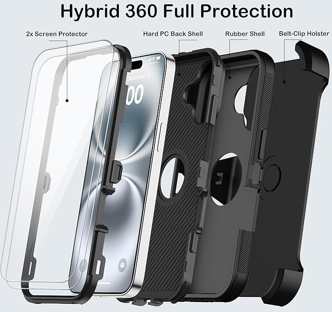 for iPhone 16 Case with 2 Screen Protectors,Heavy Duty Shockproof Drop Protection Military Grade Tri-Layer Rugged Cell Phone Cover with Belt Clip Holster & Kickstand for Apple 16 6.3“ Black