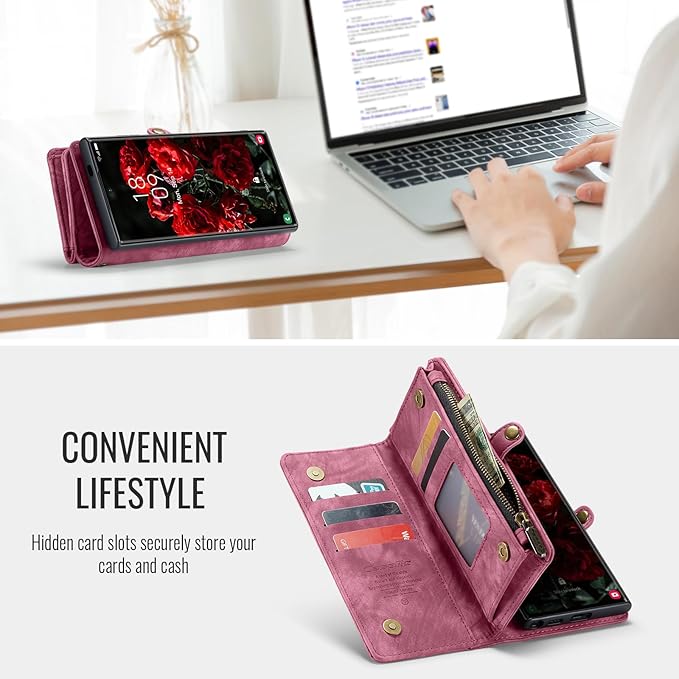 SZHAIYU 2 in 1 Detachable for Samsung Galaxy S25 Ultra Wallet Case with Card Holder, Retro Premium Flip Leather Cover Magnetic Zipper Pocket Phone Cases 6.8'' (Red, S25 Ultra)