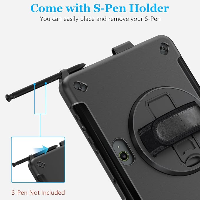 Case for Galaxy Tab Active 5 Pro 2025/4 Pro 2022/2019 10.1 Inch: TPU Cocer with Stand- Screen Protector -Hand Strap - Shoulder Strap - Pencil Holder - Black