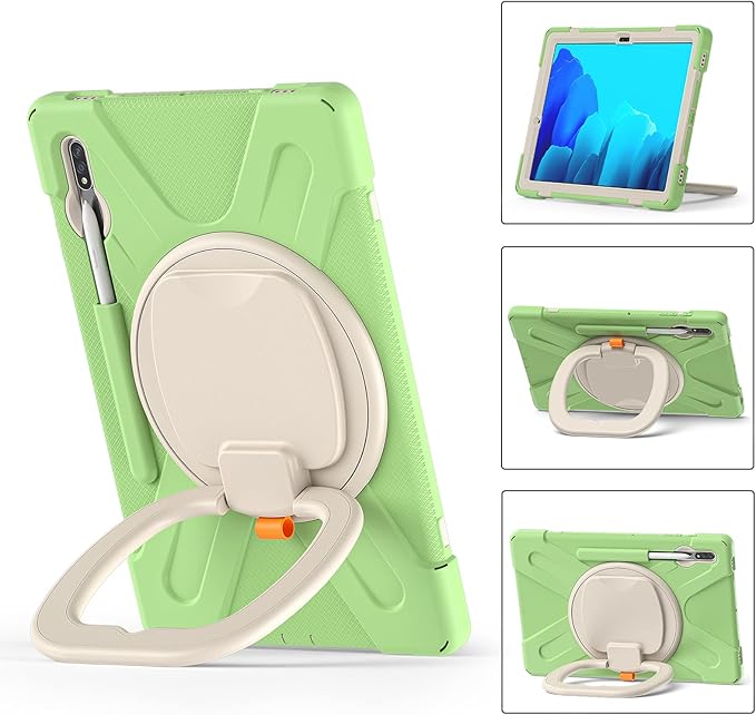 360 Rotation Portable Case for Galaxy Tab S8+/S7 FE/S7+ 12.4 Inch Case with S Pen Holder Rugged Case Rotating Stand Hand Strap Shoulder Carrying Strap Outdoor Cover (LightGreen)