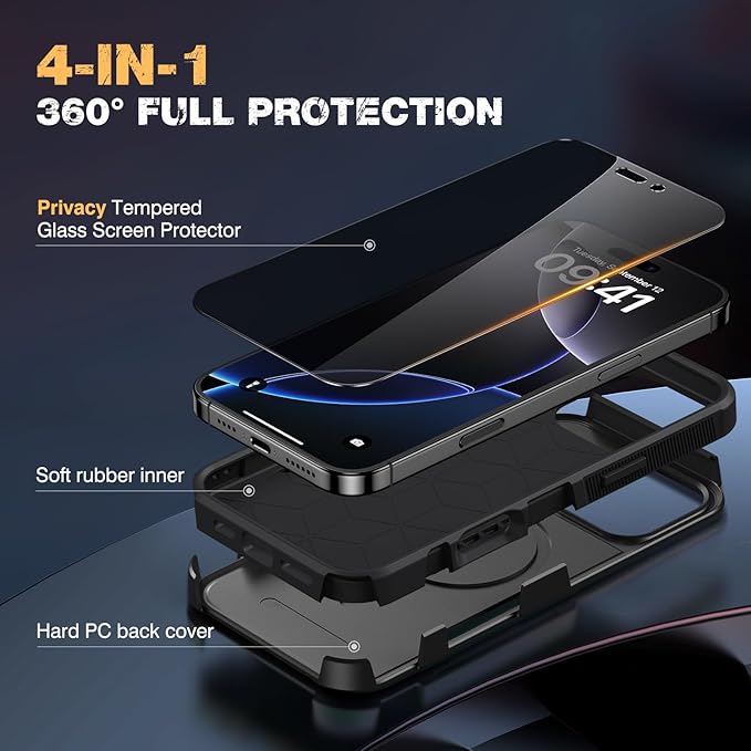 Diaclara Magnetic for iPhone 16 Pro Case, [with Privacy Screen Protector] [Anti Spy] [Military Grade Drop Protection] Heavy Duty Full-Body Shockproof Phone Case, Magnetic Black