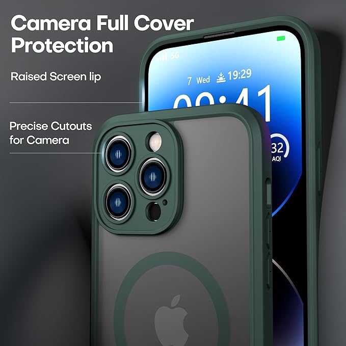 ImpactStrong Magnetic Guard Designed for iPhone 14 Pro Case [Camera Protection] [Military Grade Drop Tested] [Compatible with MagSafe] Slim Translucent Matte Phone Case (6.1") - Dark Green
