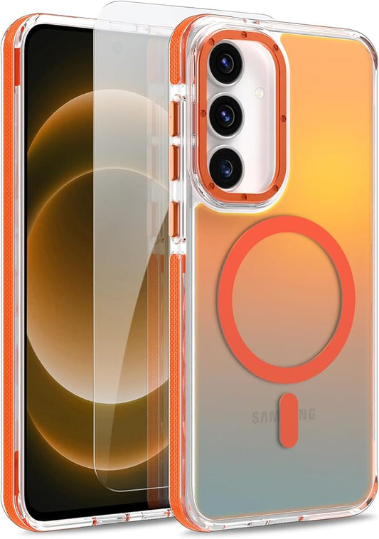 MOWIME Magnetic Case for Samsung Galaxy S25 FE 5G [Compatible with Magsafe] [Cute Fashion Fluorescent Design] [1 Screen Protector] Slim Translucent Matte Case for Galaxy S25 FE 5G 6.7", Orange