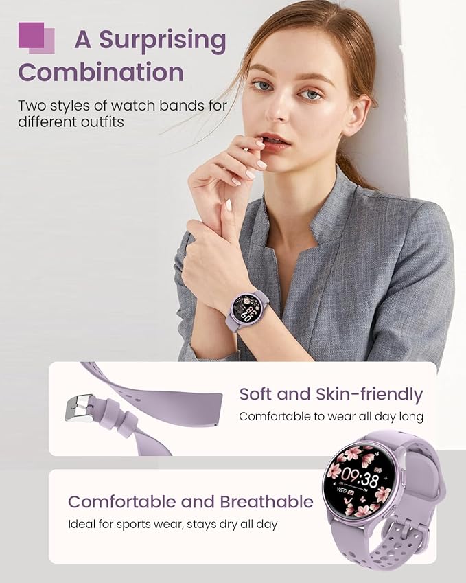 Smart Watches for Women, 42mm Smart Watch with 400+ Watch Face, 70+ Sport Modes, 24/7 Heart Rate, Sleep Monitor, Answer/Make Calls, Waterproof Activity Fitness Tracker for Android & iPhone (Purple)