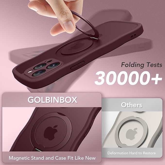 GolbinBox for iPhone 15 Pro Case,[Compatible with Magsafe][360°Magnetic Stand][Cute Wave Edge][18ft Military-Grade Protection] Translucent Matte Phone Women Case for iPhone 15 Pro, Wine Red