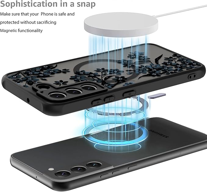 Fiyart Designed for Samsung Galaxy S21 Plus Case Matte Flowers Design Compatible with MagSafe Wireless Charging,Cute Floral Anti-Scratch Translucent Phone Cover for Women Girls 6.7"-Black