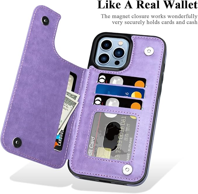 MMHUO for iPhone 14 Pro Max Case with Card Holder,Flower Magnetic Buttons Protective Wallet Case for Women for iPhone 14 Pro Max,Purple