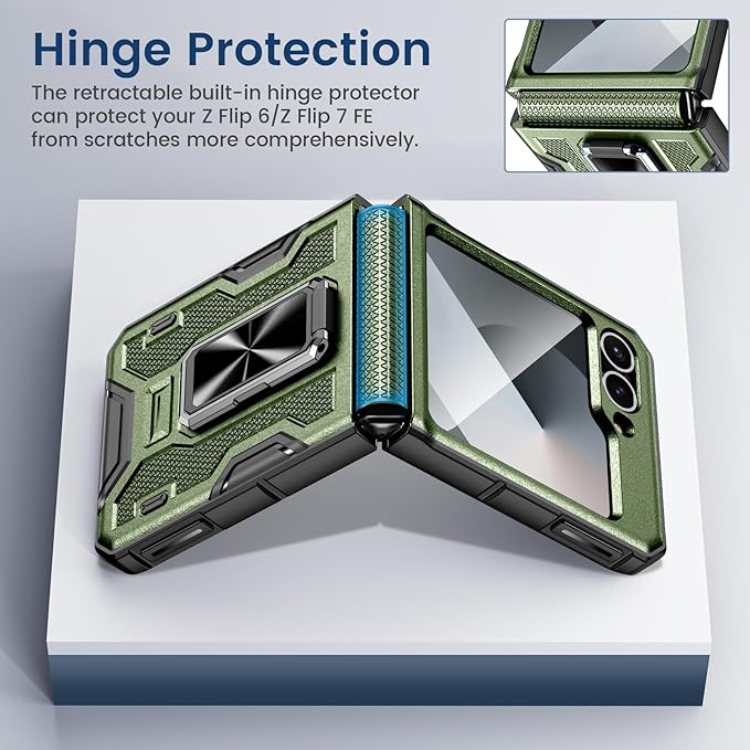 VEGO for Z Flip 6 Case with Hinge Protection, for Samsung Z Flip 6 Case with 360° Rotatable Ring Kickstand & Built-in Screen Protector & Belt Clip Holster Shockproof Cover - Dark Green