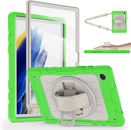 for Samsung Galaxy Tablet A8 Case 10.5 inch 2022 SM-X200/X205/X207 with Screen Protector [360 Rotating Stand] &Hand Shoulder Strap Shockproof Rugged Protective Cover|Green&Beige