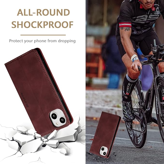 QLTYPRI Case for iPhone 14, Vintage PU Leather Wallet Case Card Slot Kickstand Magnetic Closure Shockproof Flip Folio Book Case Cover for iPhone 14(6.1 inch) - Retro Wine Red