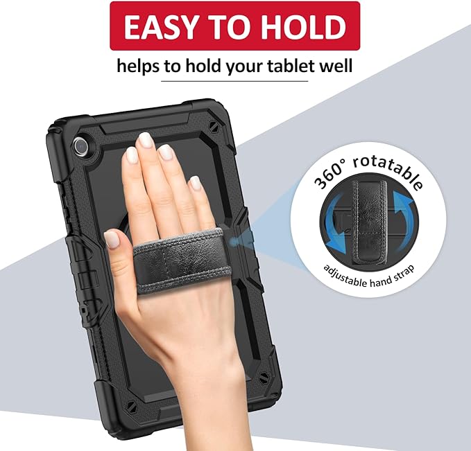 Ambison Case for Samsung Galaxy Tab A9+ Plus 11'' 2023, [Kids Proof] Full Body Protective Case with 9H Tempered Glass Screen Protector, 360° Rotatable Kickstand & Hand Strap (Black)