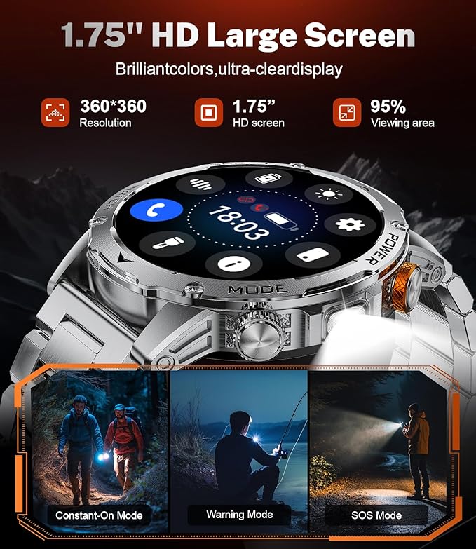 Military Smart Watches for Men(3 Bands),1000mAh/1.75" HD Large Screen Smartwatch, Flashlight/110+ Sports Modes/IP68 Waterproof/Sleep Monitor Fitness Tracker Watch for Android iOS, Silver