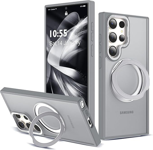 Compatible with Samsung Galaxy S22 & S23 Ultra Case with 360Rotatable Magnetic Ring Stand Compatible with Mag-Safe Military Protection Shockproof Translucent Phone Case,Gray