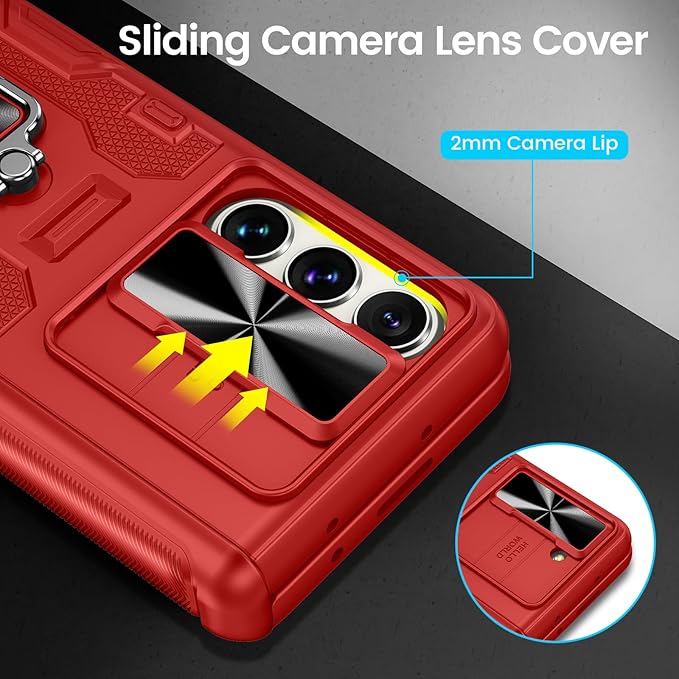 VEGO for Galaxy Z Fold 5 Case with Hinge Protection, Belt Clip Holster & 360°Ring Magnetic Kickstand & Camera Cover & Front Screen Protector Shockproof Cover - Vibrant Red