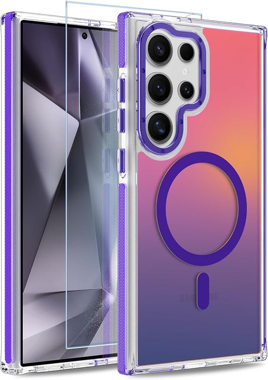 MOWIME Magnetic Case for Samsung Galaxy S24 Ultra [Compatible with Magsafe] [Cute Fashion Fluorescent Design] [1 Screen Protector] Slim Translucent Matte Case for Galaxy S24 Ultra 6.8", Purple