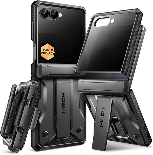 TONGATE for Z Flip 7 Case with Privacy Screen Protector, [Stand & Belt-Clip] [Hinge Protection] [Anti-Slip], Full-Body Military Grade Protective Phone Case for Samsung Galaxy Z Flip 7 5g 2025, Black
