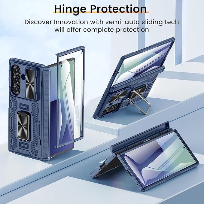 VEGO for Samsung Fold 7 Case with Hinge Protection & Slide Camera Cover [360°Rotating Ring Stand][Screen Protector] Heavy Duty Shockproof Protective Hard Case for Samsung Z Fold 7 5G 2025 - Blue