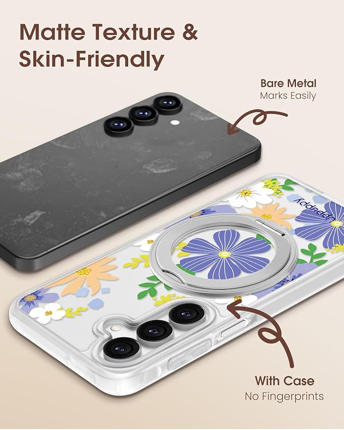 for Samsung Galaxy A16 4G/5G Case with 360° Rotatable Magnetic Ring - Semi-Transparent Anti-Fingerprint Soft-Touch Material Shockproof, Cute Purple Flower Design for Women Girl