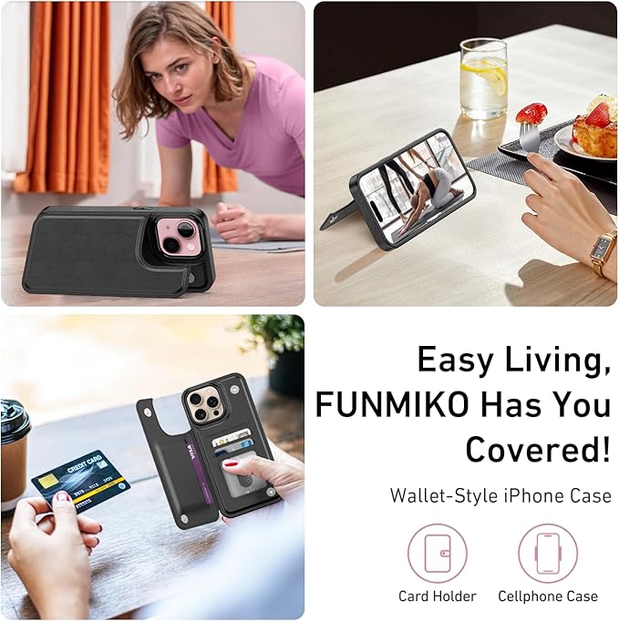FUNMIKO for iPhone 15 Plus Wallet Case with Card Holder, RFID-Blocking, Military-Grade Protection & UV-Printed Artwork, Magnetic Closure with Leather Kickstand - Black