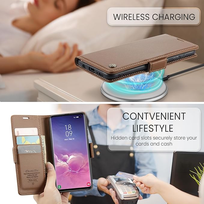 Case for Samsung Galaxy S10 Wallet Case, RFID Blocking PU Leather Flip Folio Cover Card Holder Kickstand Shockproof Phone Case Compatible with Samsung Galaxy S10, Brown