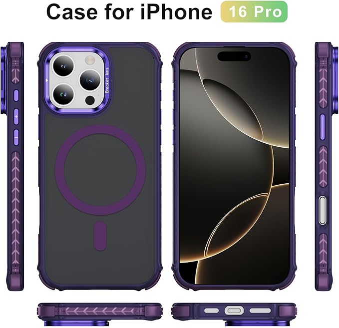 Magnetic for iPhone 16 Pro Case Purple with MagSafe Wireless Charging Heavy Duty Military-Grade Shockproof Protection Adjustable Kickstand Slim Matte Anti-Fingerprint Cover Men Women