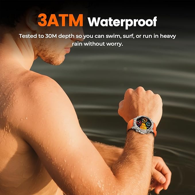 WalkerFit Military Rugged Smart Watch for Men 1.43" AMOLED Smartwatch, Always-on, 3ATM Waterproof for Swim, HR Sleep Monitor, Bluetooth Call Fitness Watch for iPhone Andriod Compatible, Silver Orange