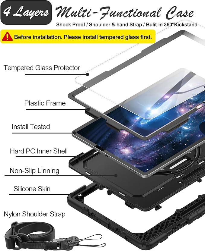 Case for Samsung Galaxy Tab S10 FE Plus 5G Tablet 13.1'', Shockproof Protective Cover with Tempered Glass Screen Protector, Rotatable Kickstand, S Pen Holder, Hand/Shoulder Strap, Black