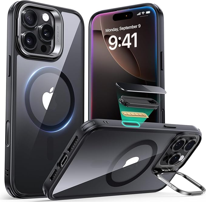 ESR for iPhone 16 Pro Case,Camera Control Button Compatible with MagSafe, Military-Grade Protective Case, Built-in Stash Stand Phone Case, Scratch-Resistant Back Cover, Classic Series, Clear Black