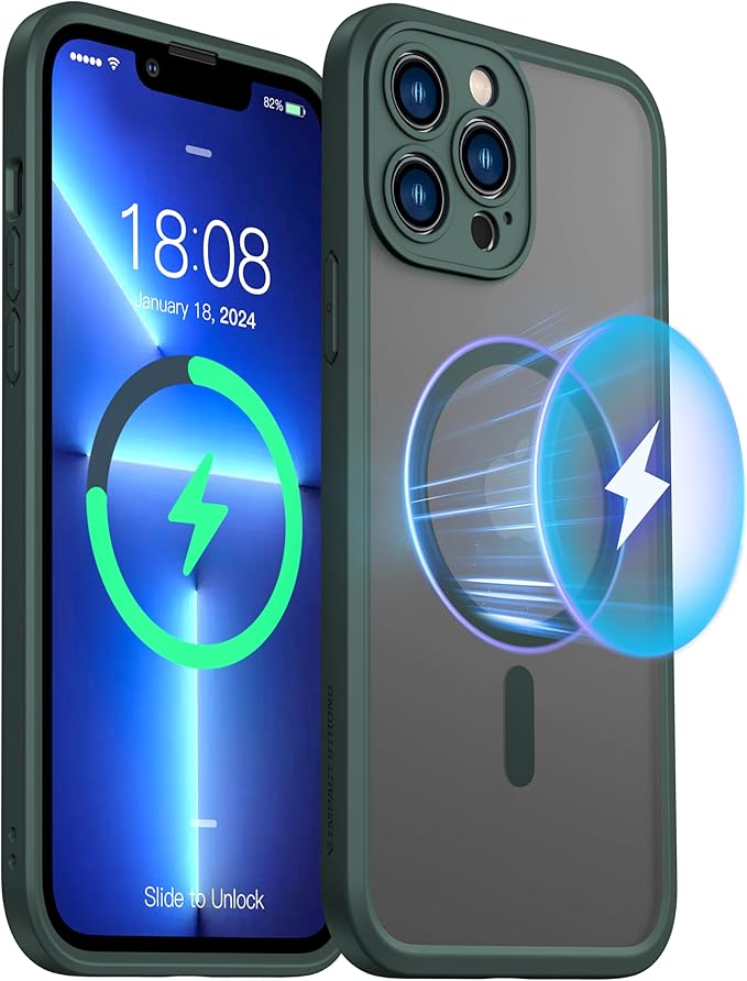ImpactStrong Magnetic Guard Designed for iPhone 13 Pro Case [Camera Protection] [Military Grade Drop Tested] [Compatible with MagSafe] Slim Translucent Matte Phone Case (6.1") - Dark Green