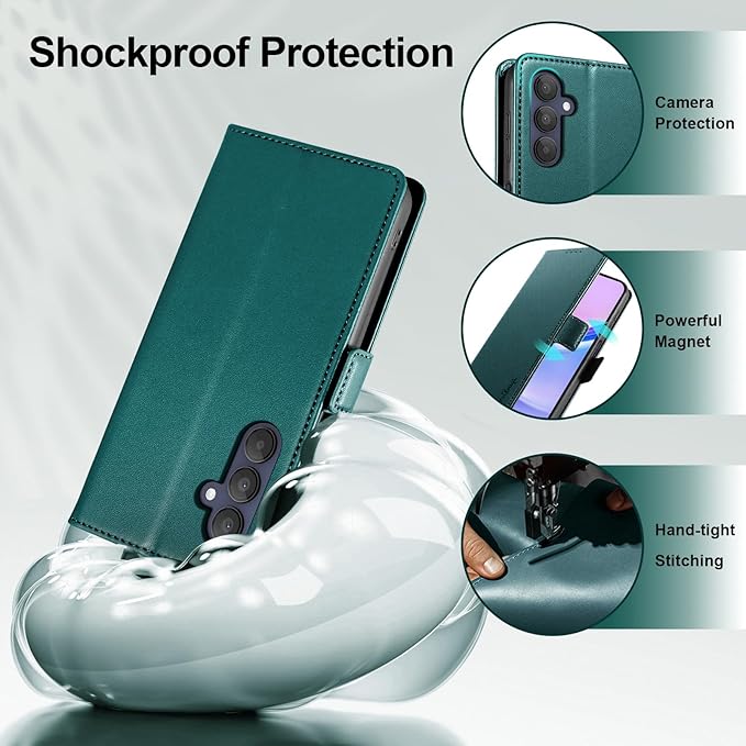 Wallet Flip Case for Samsung Galaxy A15 5G - [RFID Blocking] Luxury PU Leather Card Holder Magnetic Phone Cover with Kickstand,Shockproof Protective Case,Green