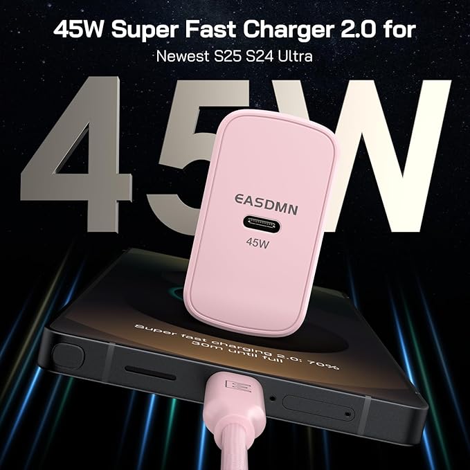 45W Super Fast Charger Type C, [2 Pack] 45 Watt USB-C Charger PD/PPS Wall Charging Block for Samsung Galaxy S25 Ultra/S24/S23 Ultra/S23+/S22 Ultra/S22+/S20 Ultra, Tab S8(Pink, with 2X 10ft Cable)