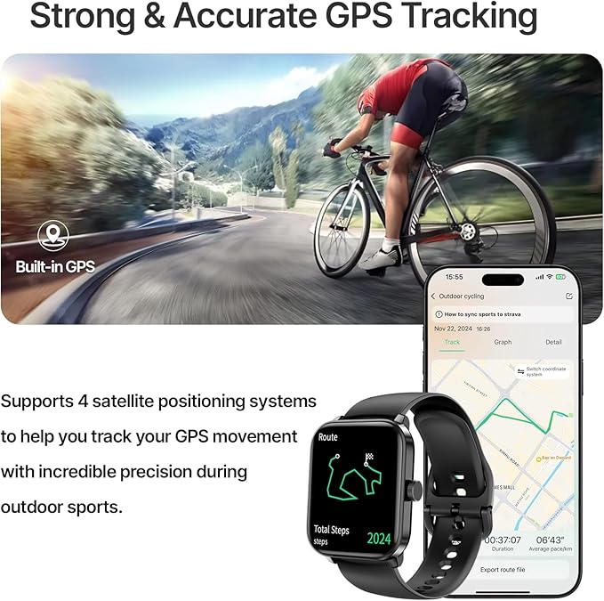 Smart Watch for Men Women, GPS Built-in, Bluetooth Calling, Heart Rate & Sleep Health Monitor, Stress Manage, IP68 Waterproof, 100+ Sports Mode, Smartwatch for Android & iPhone, Black