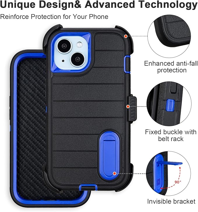 for Rugged iPhone 15 Case with Belt Clip Holster, Military Grade Heavy Duty Shockproof Cover for iPhone15 Case Protective with Stand 6.1 Inch (Black+Blue)
