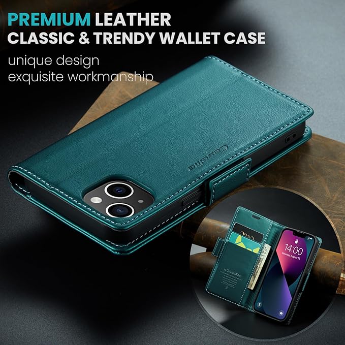 for iPhone 13 Mini Case, Premium PU Leather Wallet Case Flip Cover with [RFID Blocking][Card Holder][Stand Function] Shockproof Protective for iPhone iPhone 13 Mini 5.4 inch, Blue-Green