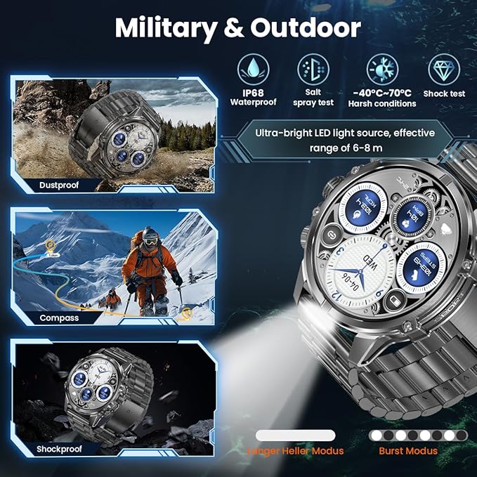 Indestructible Military Smart Watches for Men (Answer/Make Call) 1.85 Amoled IP67 Waterproof Smartwatch with Flashlight 129 Sports Mode Fitness Tracker 100 Days Battery for Android iPhone Black