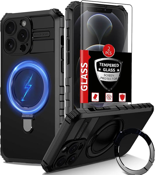 for iPhone 12 Pro Case Magnetic Compatible with MagSafe Wireless Charging,with 2 Screen Protector,with Kickstand Ring Shockproof Shock-Absorbent Heavy Duty Protection Scratch Resistant Black