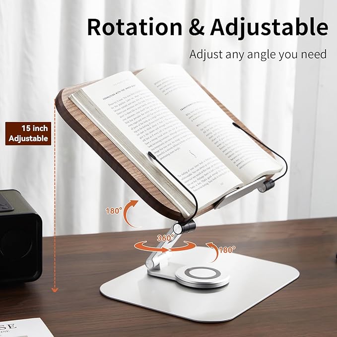 Book Stand for Reading, Mayhas Adjustable Book Holder with 360° Swivel Base&Page Clips, Foldable Desktop Stand for Cookbook, Fits All Books (Walnut, Aluminum Base)