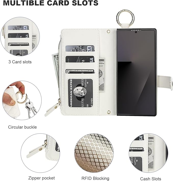 KIHUWEY for Galaxy Z Fold 7 Wallet Case with Card Holder Premium Leather Magnetic RFID Blocking Shockproof Zipper Wrist Strap Lanyard Cover for Samsung Galaxy Z Fold 7 8.0 Inch (White)