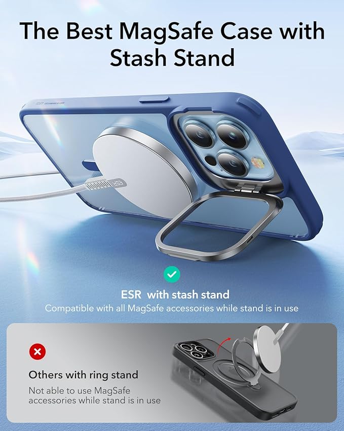 ESR for iPhone 13 Pro Max Case, Compatible with MagSafe, Built-in Camera Ring Stand, Military-Grade Protection, Magnetic Phone Case for iPhone 13 Pro Max, Classic Series, Clear Blue