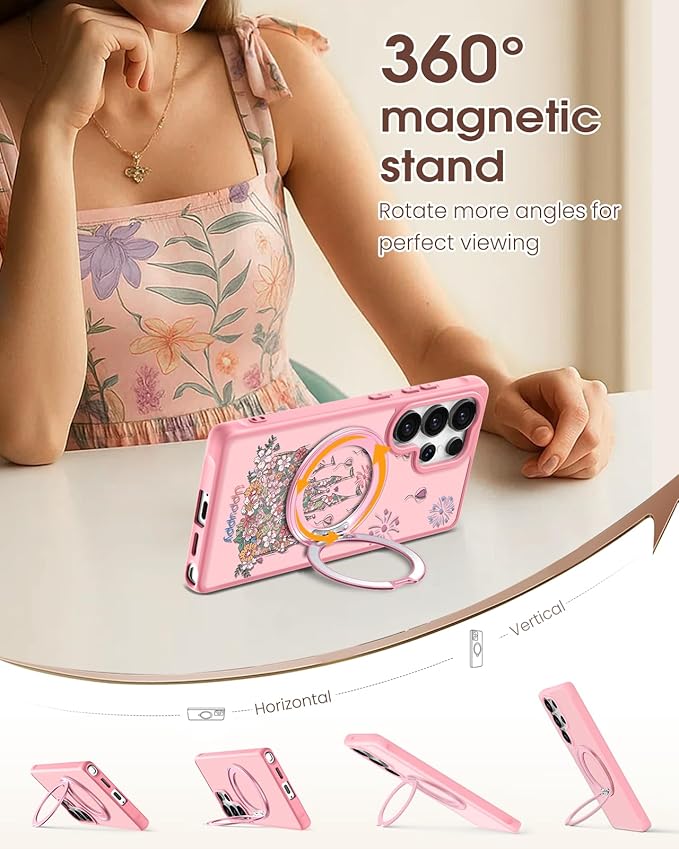 for Samsung Galaxy S25 Ultra Case with 360° Rotatable Magnetic Ring - Compatible with MagSafe, Semi-Transparent Soft-Touch Material Shockproof, Cute Pink Castle Design for Women Girl
