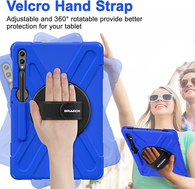 BRAECN for Galaxy Tab S10+Plus/ S9+/S9 FE+/S8+12.4 Inch Case,Heavy Duty Tablet Case with 360 Rotating Stand &Hand Strap, Built-in S Pen Holder, Shoulder Strap for Samsung Galaxy Tab S9 Plus -Blue