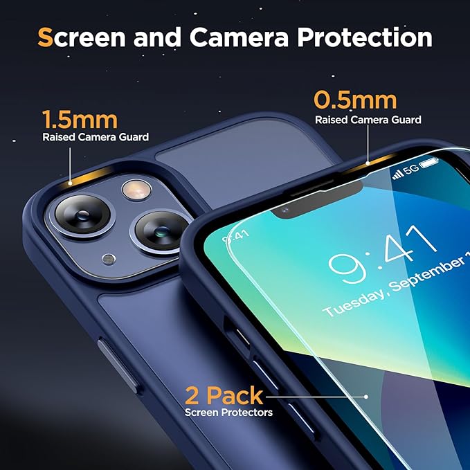 Miracase Magnetic for iPhone 13 Case 6.1 inch (Compatible with MagSafe)（with 2X Screen Protectors） Military-Grade Protection, Anti-Fingerprint Translucent Matte Phone Case Cover, Dark Blue