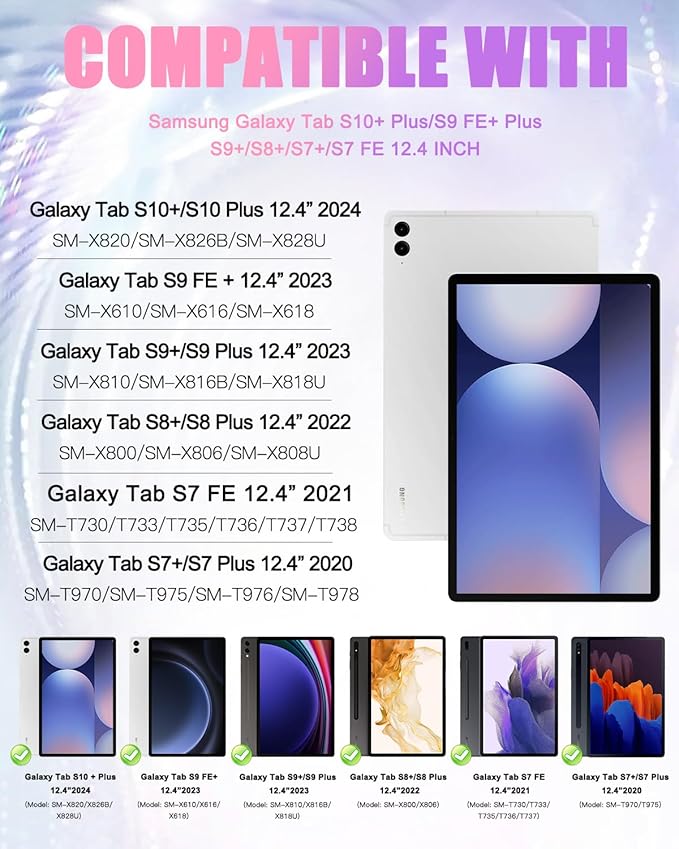 BRAECN Case for Samsung Galaxy Tab S10+/S9 FE+/S9+ 12.4 Inch 2024, Rugged Silicone Case w/S Pen Holder, Screen Protector, Handle Grip/Kickstand,Shoulder Strap for Galaxy Tab S10 Plus, Colorful Pink