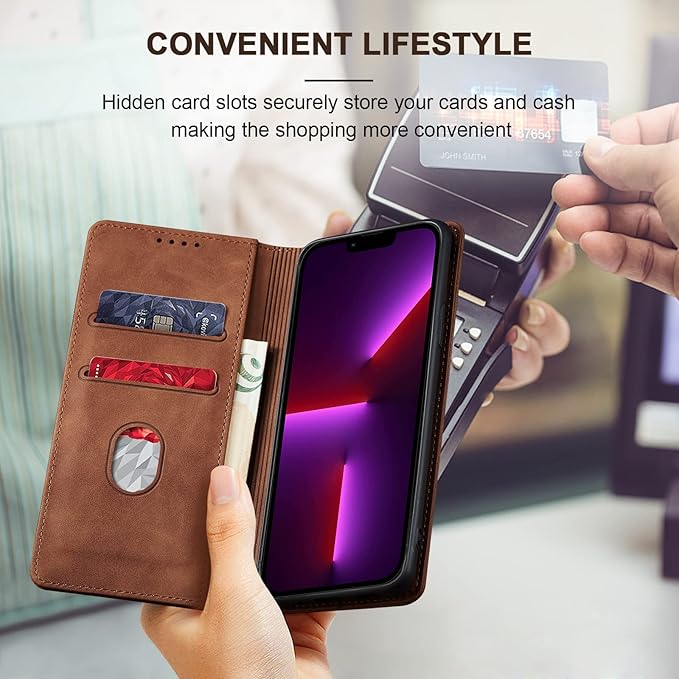 Jasonyu Flip Wallet Case for iPhone 13 Pro Max,Leather Magnetic Folio Cover with Card Holder,Kickstand - TPU Shockproof Durable Protective Phone Case,Brown