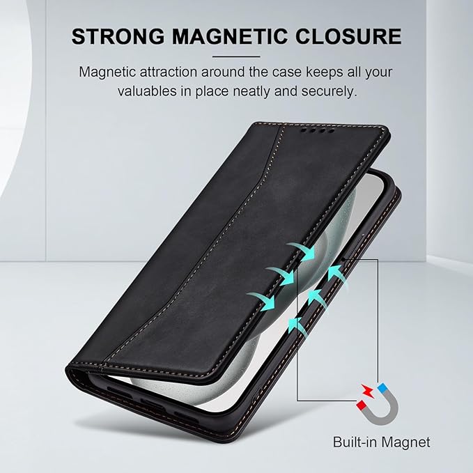 Jasonyu Flip Wallet Case for iPhone 15 Plus,Leather Magnetic Folio Cover with Card Holder,Kickstand - TPU Shockproof Durable Protective Phone Case,Black