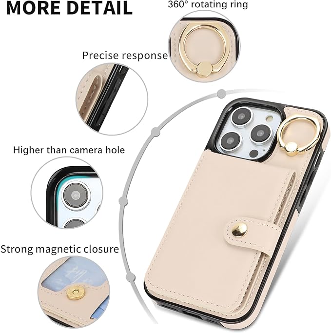 Compatible iPhone 16 Pro Max Wallet Case with Card Holder RFID Blocking PU Leather Doubles as a Wallet Unisex Flip Shockproof Protection with Card Slots Ring Wrist Kickstand Function,White